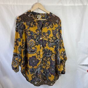Anthropologie Fig & Flower Golden Yellow Blue Paisley Floral Tunic Sz M